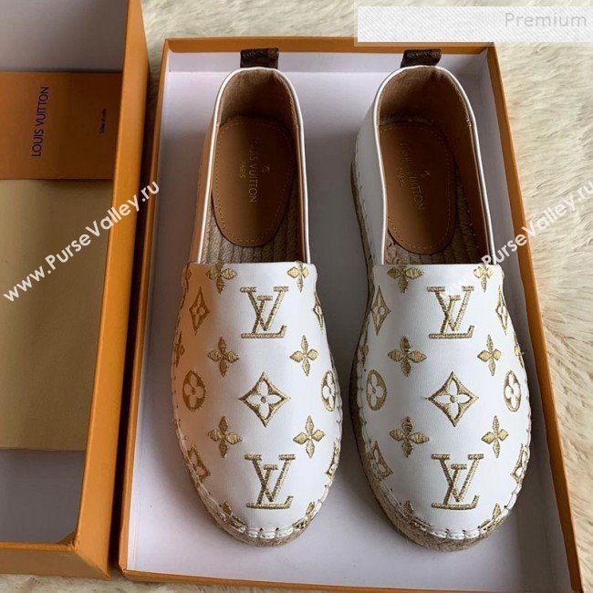 Louis Vuitton Monogram Golden Embroidered Flat Espadrilles White 2019 (For Women and Men) (HB-9122011)