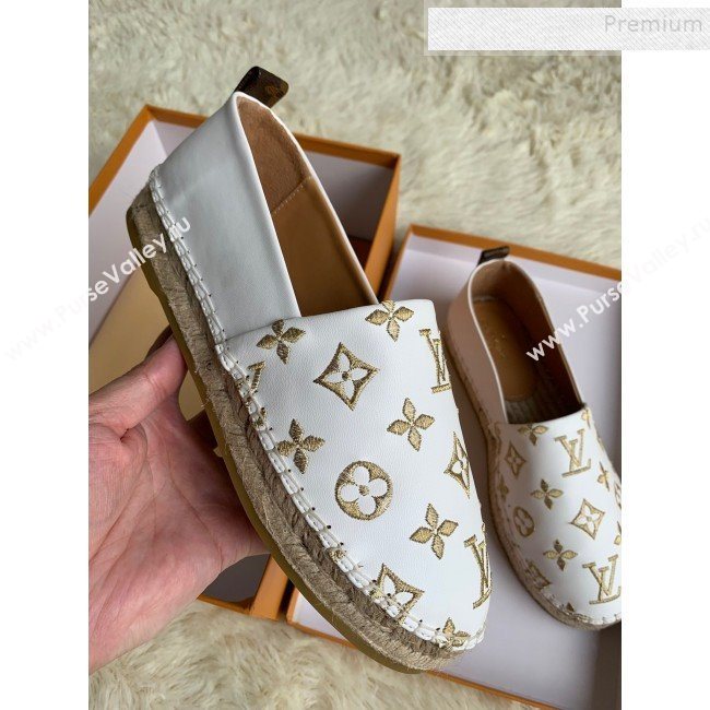 Louis Vuitton Monogram Golden Embroidered Flat Espadrilles White 2019 (For Women and Men) (HB-9122011)