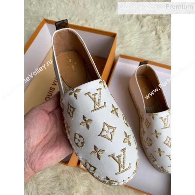 Louis Vuitton Monogram Golden Embroidered Flat Espadrilles White 2019 (For Women and Men) (HB-9122011)