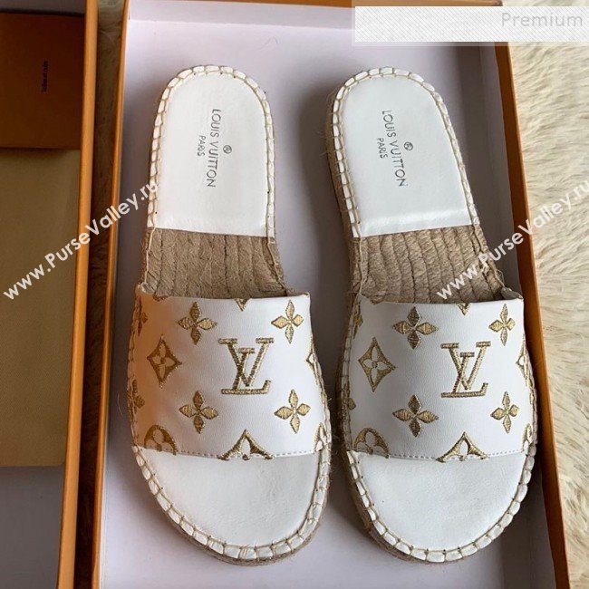 Louis Vuitton Monogram Embroidered Flat Espadrilles Slide Sandals White/Gold 2019 (For Women and Men) (HB-9122006)