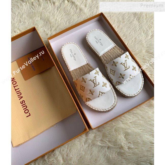 Louis Vuitton Monogram Embroidered Flat Espadrilles Slide Sandals White/Gold 2019 (For Women and Men) (HB-9122006)