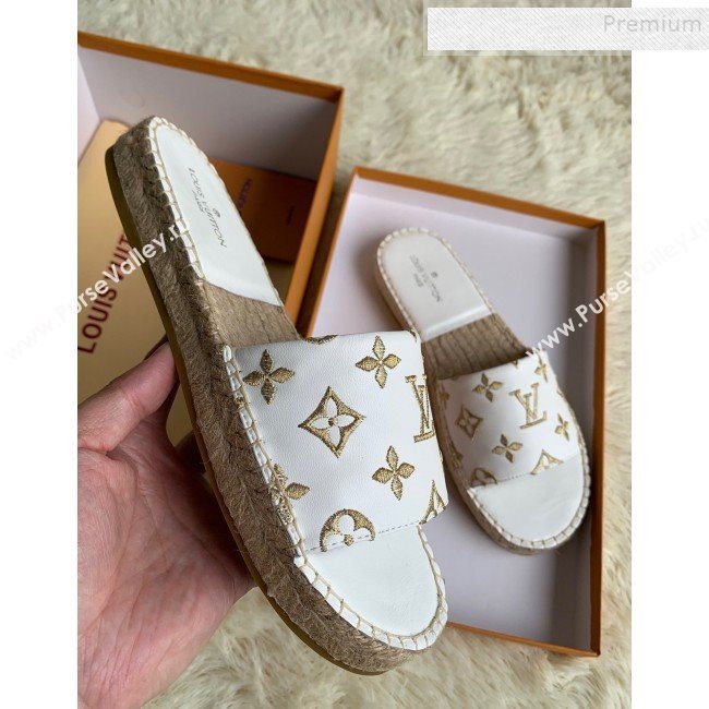 Louis Vuitton Monogram Embroidered Flat Espadrilles Slide Sandals White/Gold 2019 (For Women and Men) (HB-9122006)