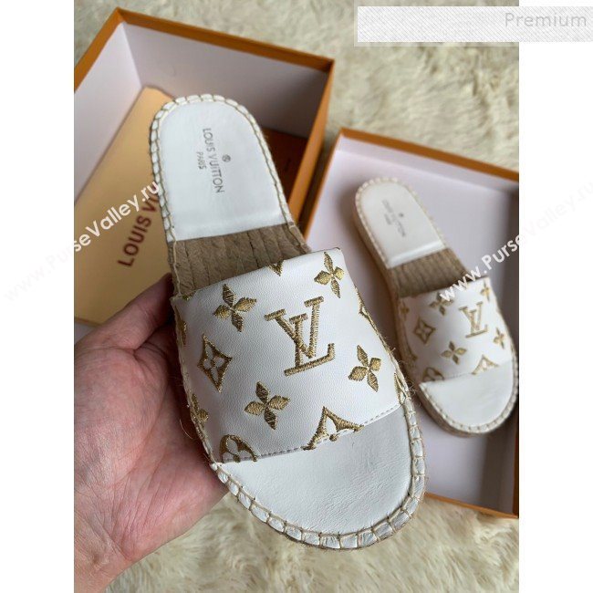 Louis Vuitton Monogram Embroidered Flat Espadrilles Slide Sandals White/Gold 2019 (For Women and Men) (HB-9122006)