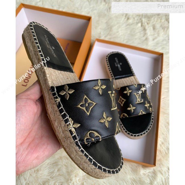 Louis Vuitton Monogram Embroidered Flat Espadrilles Slide Sandals Black/Gold 2019 (For Women and Men) (HB-9122005)