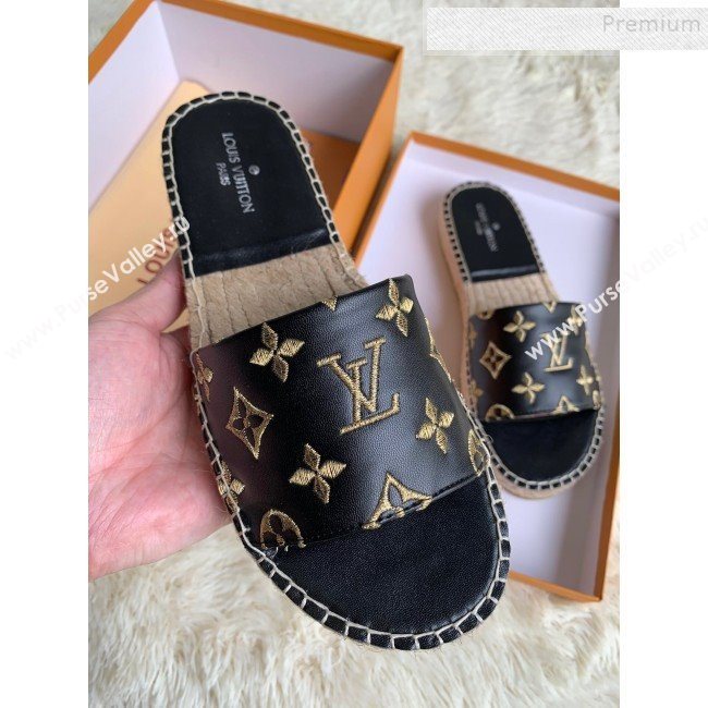 Louis Vuitton Monogram Embroidered Flat Espadrilles Slide Sandals Black/Gold 2019 (For Women and Men) (HB-9122005)