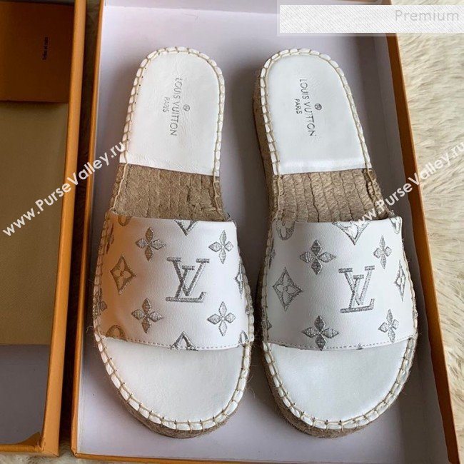 Louis Vuitton Monogram Embroidered Flat Espadrilles Slide Sandals White/Silver 2019 (For Women and Men) (HB-9122009)