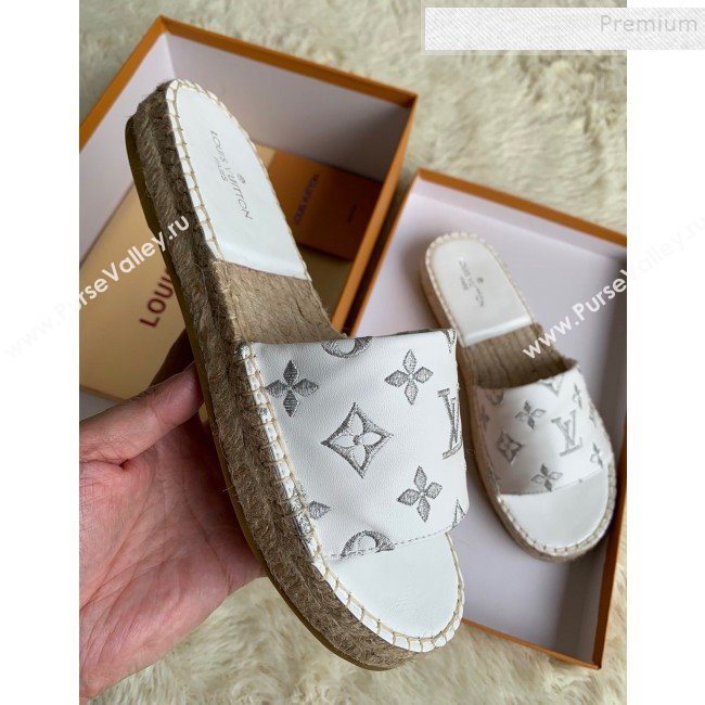 Louis Vuitton Monogram Embroidered Flat Espadrilles Slide Sandals White/Silver 2019 (For Women and Men) (HB-9122009)