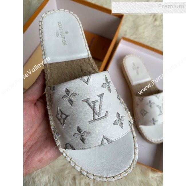 Louis Vuitton Monogram Embroidered Flat Espadrilles Slide Sandals White/Silver 2019 (For Women and Men) (HB-9122009)