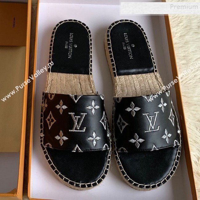 Louis Vuitton Monogram Embroidered Flat Espadrilles Slide Sandals Black/Silver 2019 (For Women and Men) (HB-9122007)