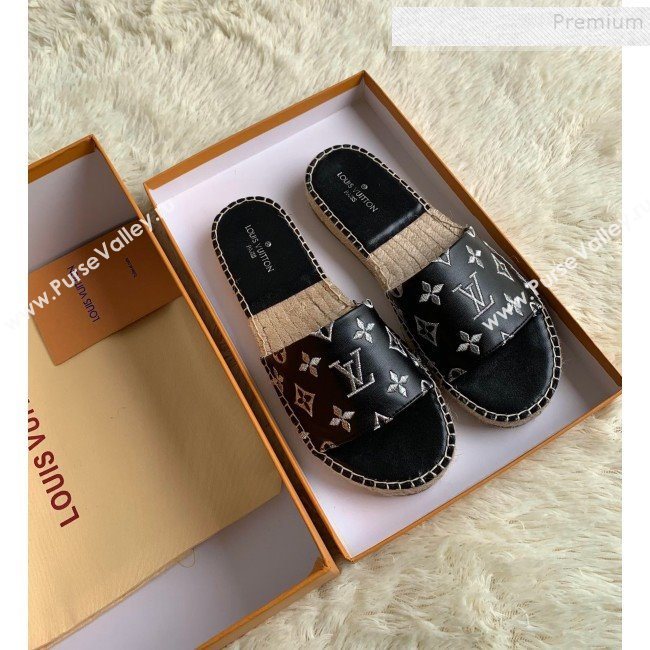 Louis Vuitton Monogram Embroidered Flat Espadrilles Slide Sandals Black/Silver 2019 (For Women and Men) (HB-9122007)