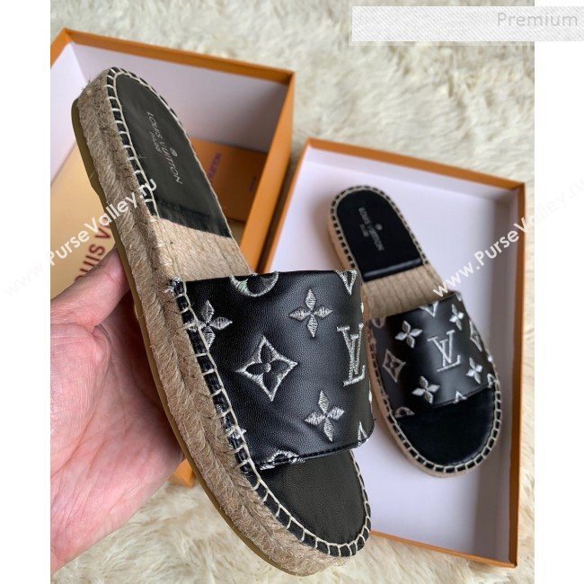 Louis Vuitton Monogram Embroidered Flat Espadrilles Slide Sandals Black/Silver 2019 (For Women and Men) (HB-9122007)