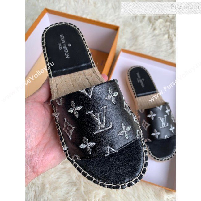 Louis Vuitton Monogram Embroidered Flat Espadrilles Slide Sandals Black/Silver 2019 (For Women and Men) (HB-9122007)