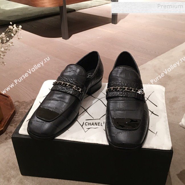 Chanel Crocodile Embossed Leather Loafers G34827 Black 2019 (KL-9122021)