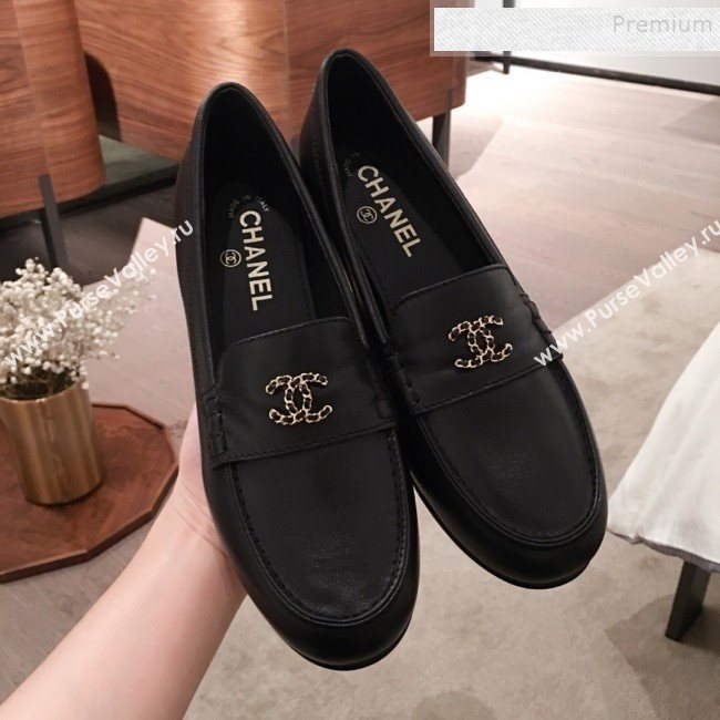 Chanel Lambskin Chain Leather Trim Loafers Black 2019 (KL-9122022)