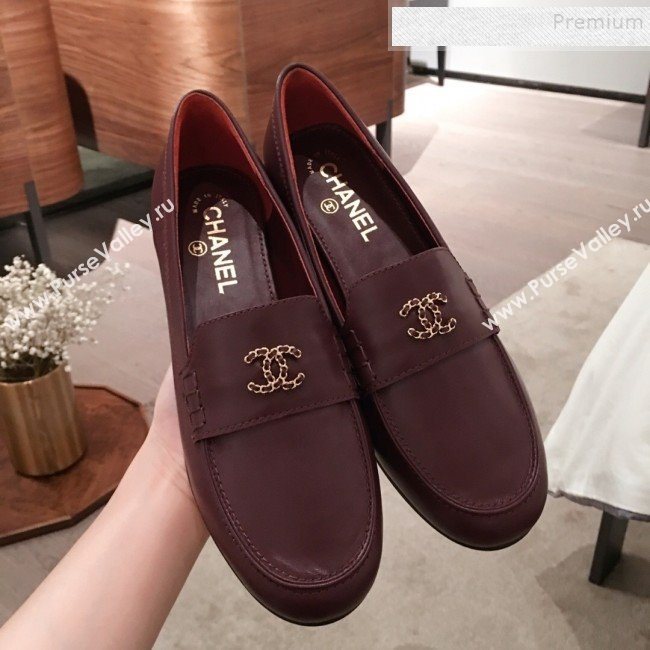 Chanel Lambskin Chain Leather Trim Loafers Burgundy 2019 (KL-9122024)