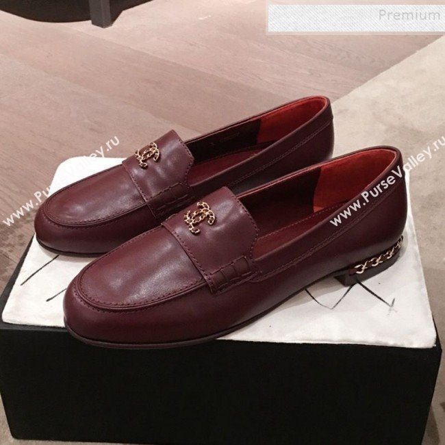 Chanel Lambskin Chain Leather Trim Loafers Burgundy 2019 (KL-9122024)