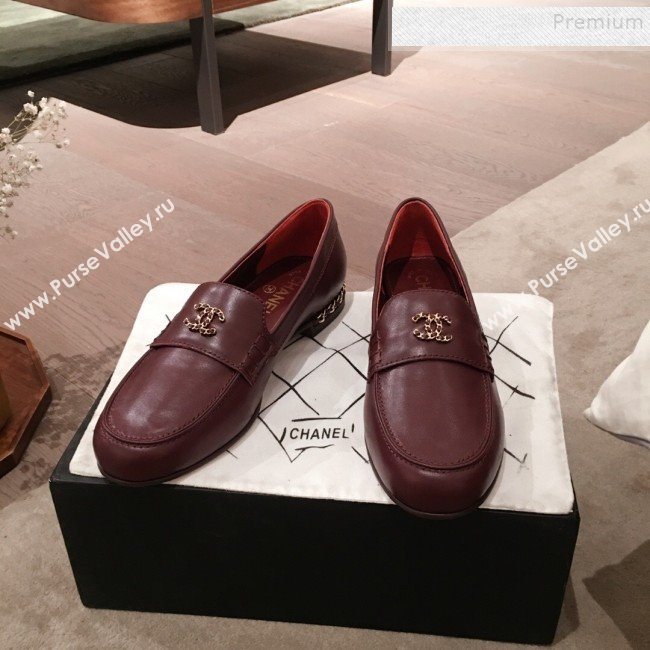 Chanel Lambskin Chain Leather Trim Loafers Burgundy 2019 (KL-9122024)