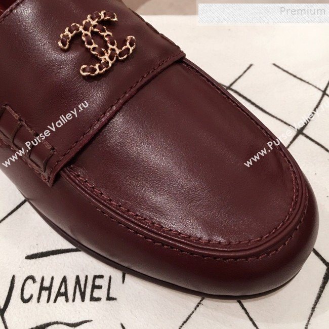 Chanel Lambskin Chain Leather Trim Loafers Burgundy 2019 (KL-9122024)