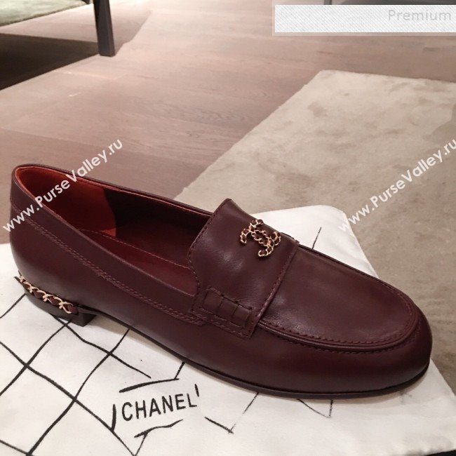 Chanel Lambskin Chain Leather Trim Loafers Burgundy 2019 (KL-9122024)