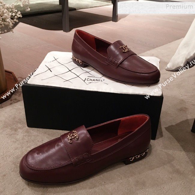 Chanel Lambskin Chain Leather Trim Loafers Burgundy 2019 (KL-9122024)