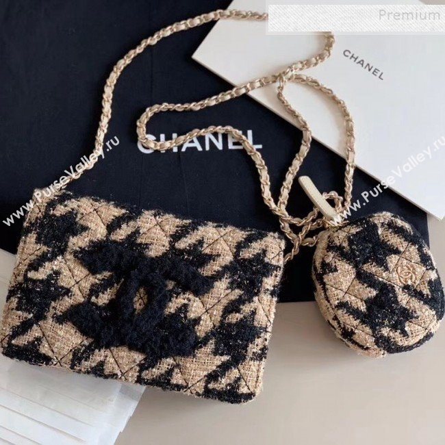 Chanel CC Houndstooth Tweed Wallet on Chain WOC and Coin Purse Beige/Black 2019 (XING-9121734)