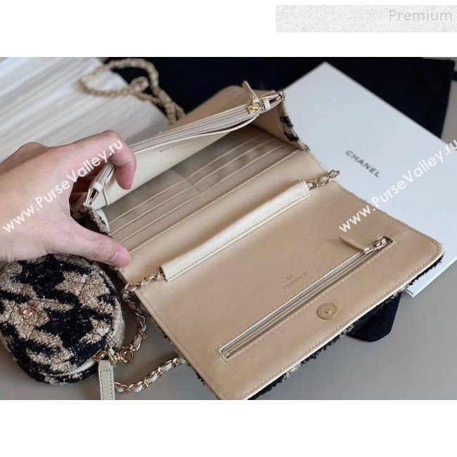 Chanel CC Houndstooth Tweed Wallet on Chain WOC and Coin Purse Beige/Black 2019 (XING-9121734)