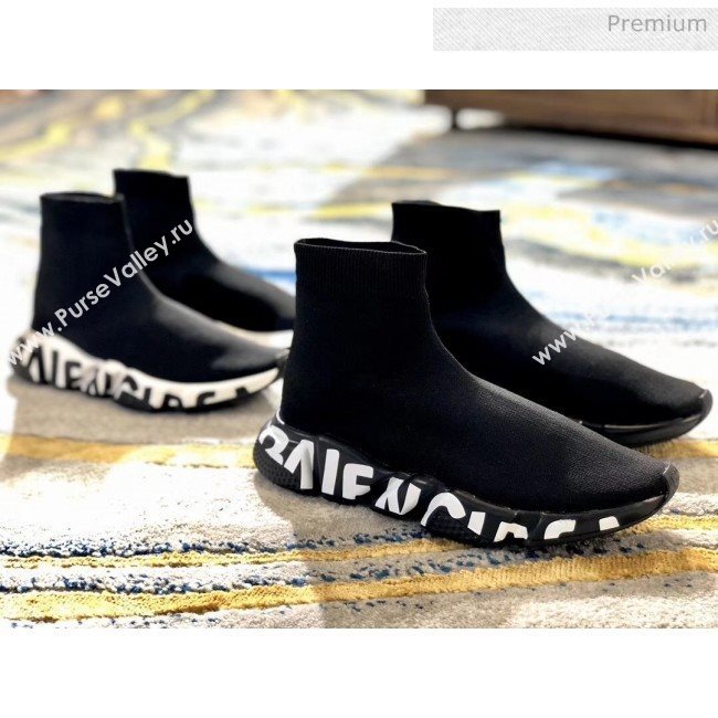 Balenciaga White Printed Letters Knit Sock Speed Boot Sneaker Black 2019(For Women and Men) (SH-20031609)