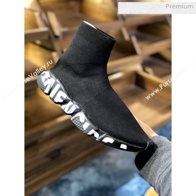 Balenciaga White Printed Letters Knit Sock Speed Boot Sneaker Black 2019(For Women and Men) (SH-20031609)