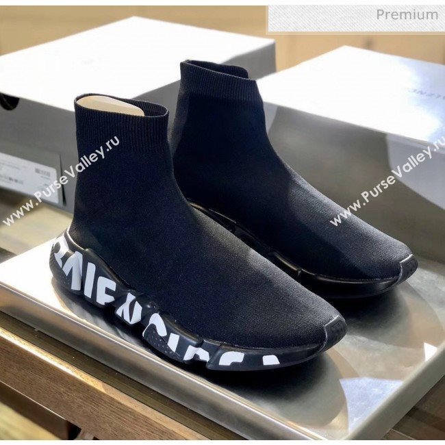 Balenciaga White Printed Letters Knit Sock Speed Boot Sneaker Black 2019(For Women and Men) (SH-20031609)