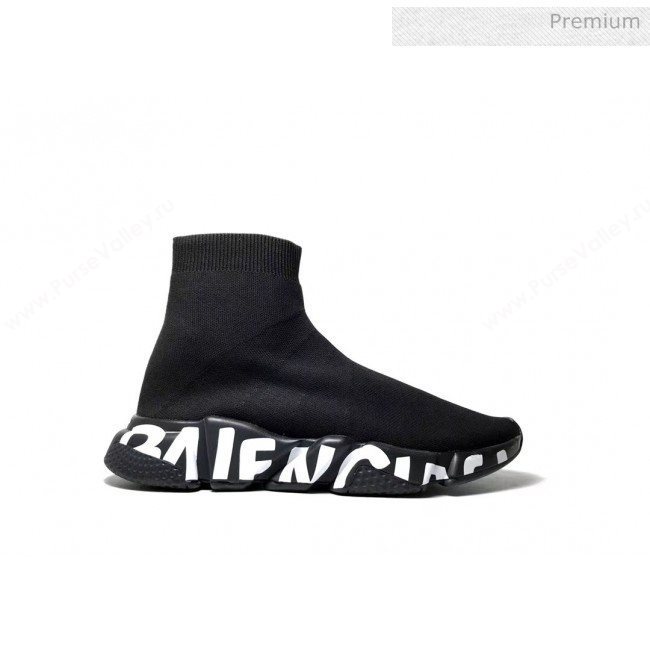 Balenciaga White Printed Letters Knit Sock Speed Boot Sneaker Black 2019(For Women and Men) (SH-20031609)