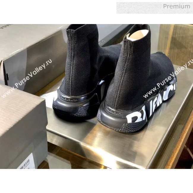 Balenciaga White Printed Letters Knit Sock Speed Boot Sneaker Black 2019(For Women and Men) (SH-20031609)