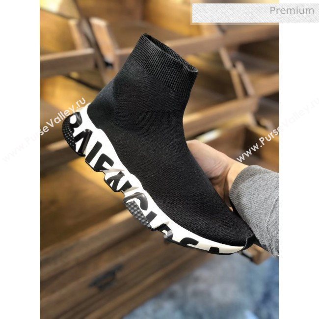 Balenciaga Printed Letters Knit Sock Speed Boot Sneaker Black/White 2019(For Women and Men) (SH-20031610)