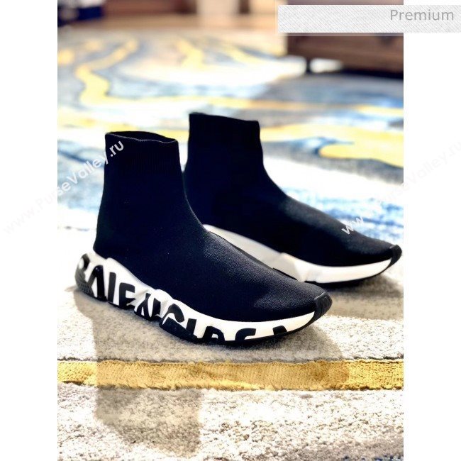 Balenciaga Printed Letters Knit Sock Speed Boot Sneaker Black/White 2019(For Women and Men) (SH-20031610)