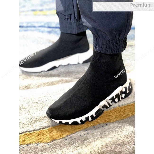 Balenciaga Printed Letters Knit Sock Speed Boot Sneaker Black/White 2019(For Women and Men) (SH-20031610)