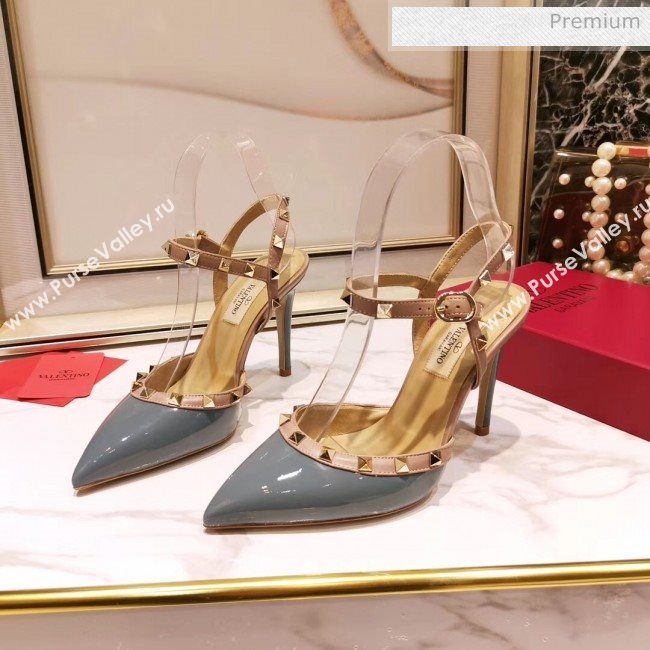 Valentino Rockstud Patent Leather Slingback Pump With 9.5cm Heel Grey 2020 (XL-20031804)