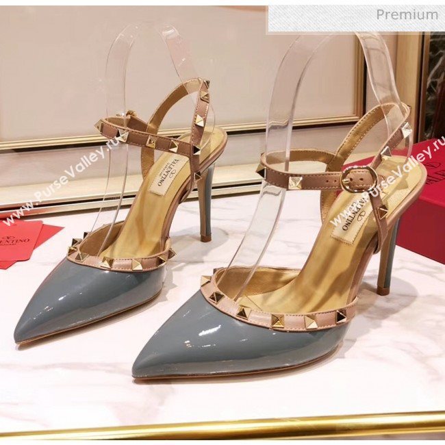 Valentino Rockstud Patent Leather Slingback Pump With 9.5cm Heel Grey 2020 (XL-20031804)