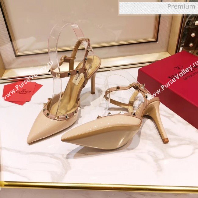 Valentino Rockstud Patent Leather Slingback Pump With 9.5cm Heel Nude 2020 (XL-20031805)