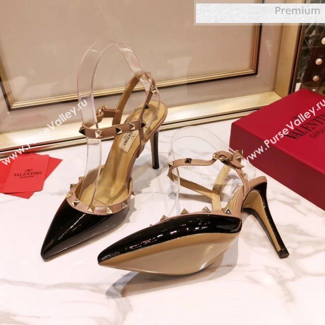 Valentino Rockstud Patent Leather Slingback Pump With 9.5cm Heel Black 2020 (XL-20031806)