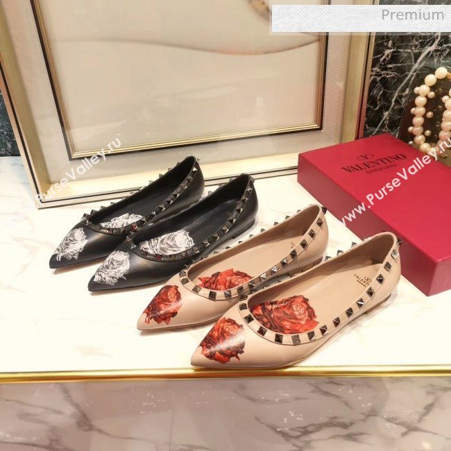 Valentino Rosy Printed Calfskin Rockstud Ballerina Black 2020 (XL-20031812)