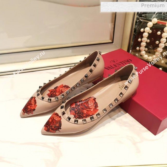 Valentino Rosy Printed Calfskin Rockstud Ballerina Nude 2020 (XL-20031811)