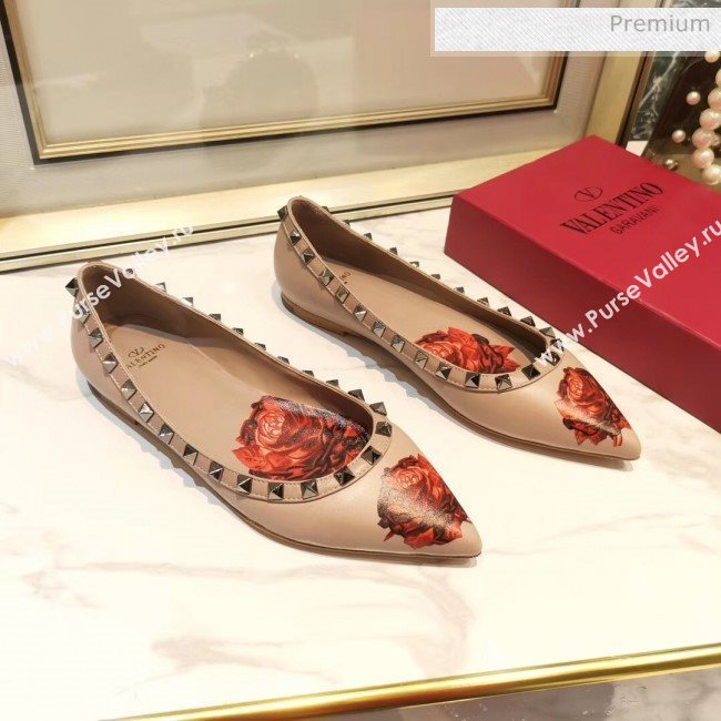 Valentino Rosy Printed Calfskin Rockstud Ballerina Nude 2020 (XL-20031811)