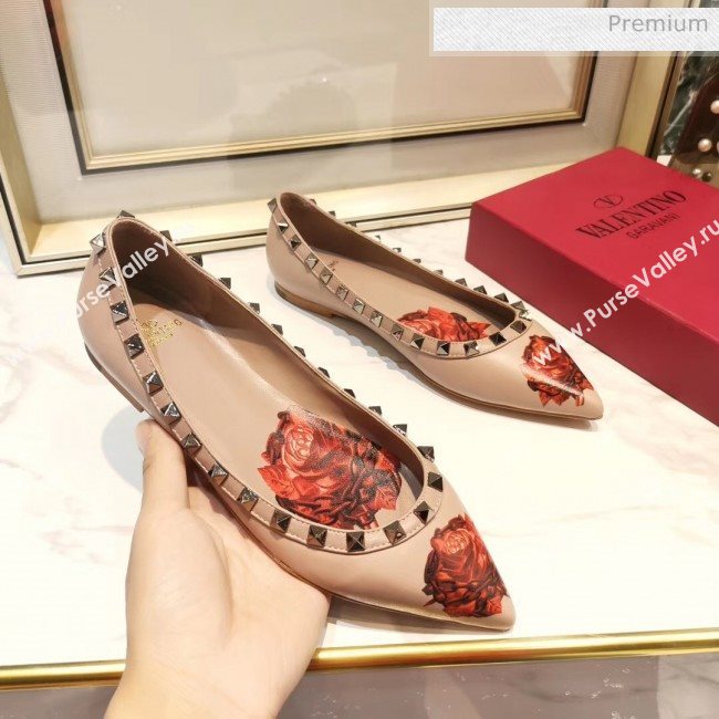 Valentino Rosy Printed Calfskin Rockstud Ballerina Nude 2020 (XL-20031811)
