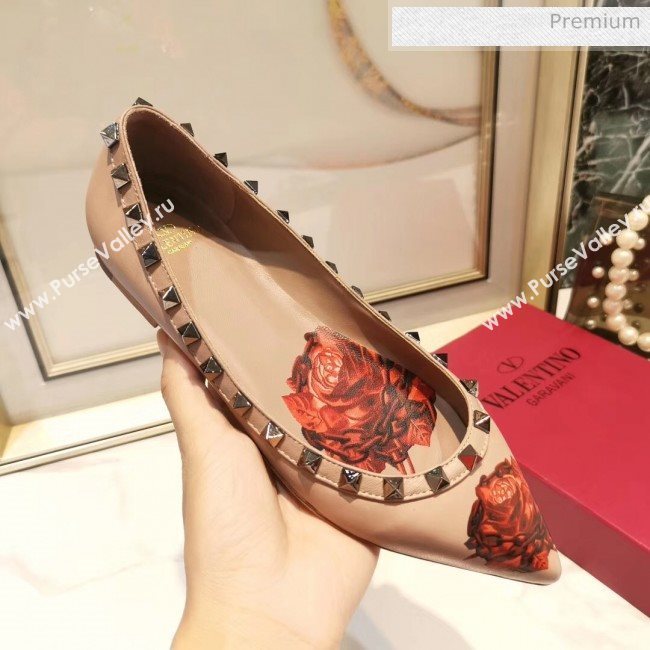 Valentino Rosy Printed Calfskin Rockstud Ballerina Nude 2020 (XL-20031811)