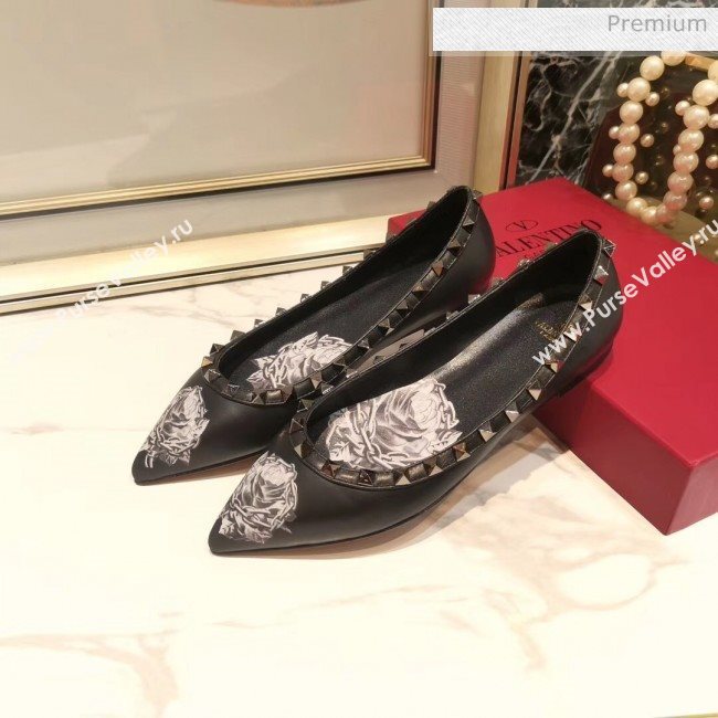 Valentino Rosy Printed Calfskin Rockstud Ballerina Black 2020 (XL-20031812)