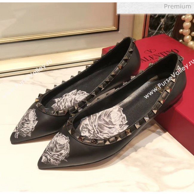 Valentino Rosy Printed Calfskin Rockstud Ballerina Black 2020 (XL-20031812)