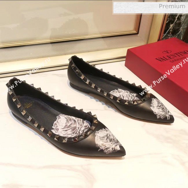 Valentino Rosy Printed Calfskin Rockstud Ballerina Black 2020 (XL-20031812)