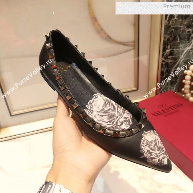 Valentino Rosy Printed Calfskin Rockstud Ballerina Black 2020 (XL-20031812)
