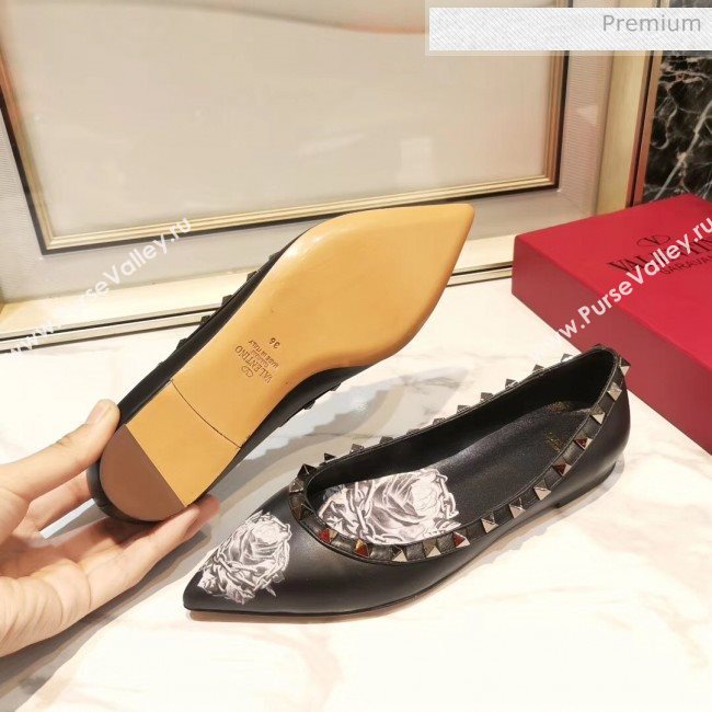Valentino Rosy Printed Calfskin Rockstud Ballerina Black 2020 (XL-20031812)
