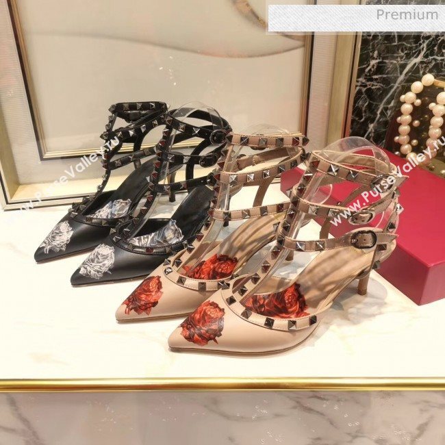Valentino Rockstud Ankle Strap Calfskin Pump With Rosy Printed And 6.5cm Heel Nude 2020 (XL-20031807)