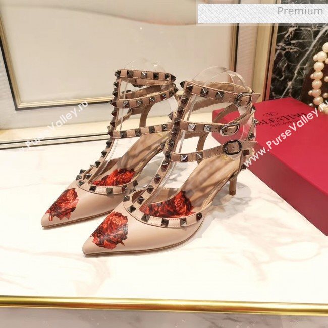 Valentino Rockstud Ankle Strap Calfskin Pump With Rosy Printed And 6.5cm Heel Nude 2020 (XL-20031807)